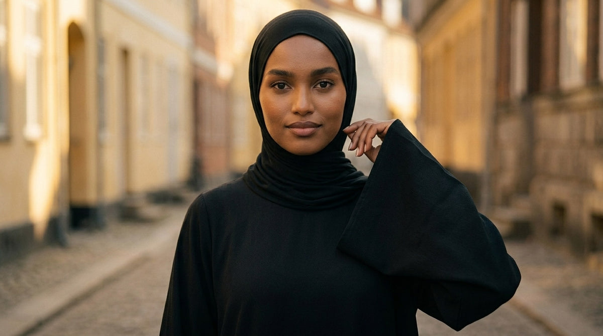 Kvinde i sort ILYA abaya og hijab i en gammel gade